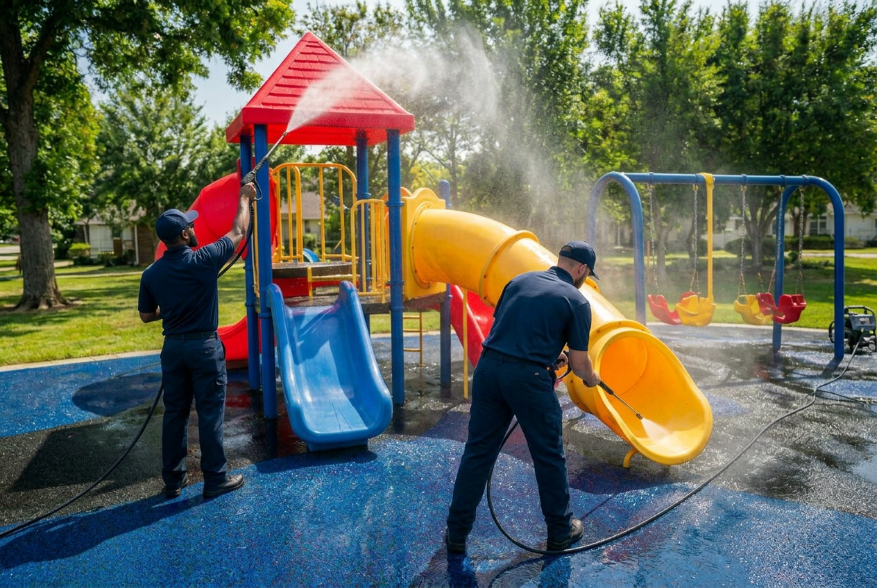 PlaySafe Sanitation technician cleaning a playground in Duluth