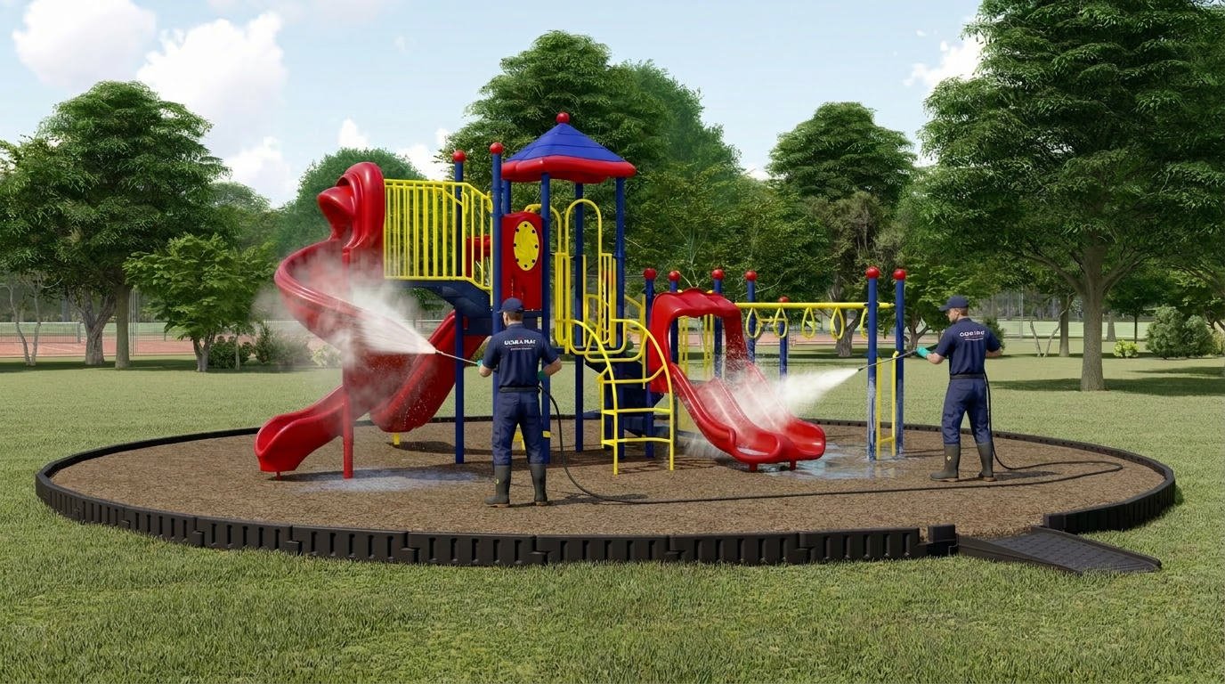 PlaySafe Sanitation technician cleaning a playground in Gwinnett County