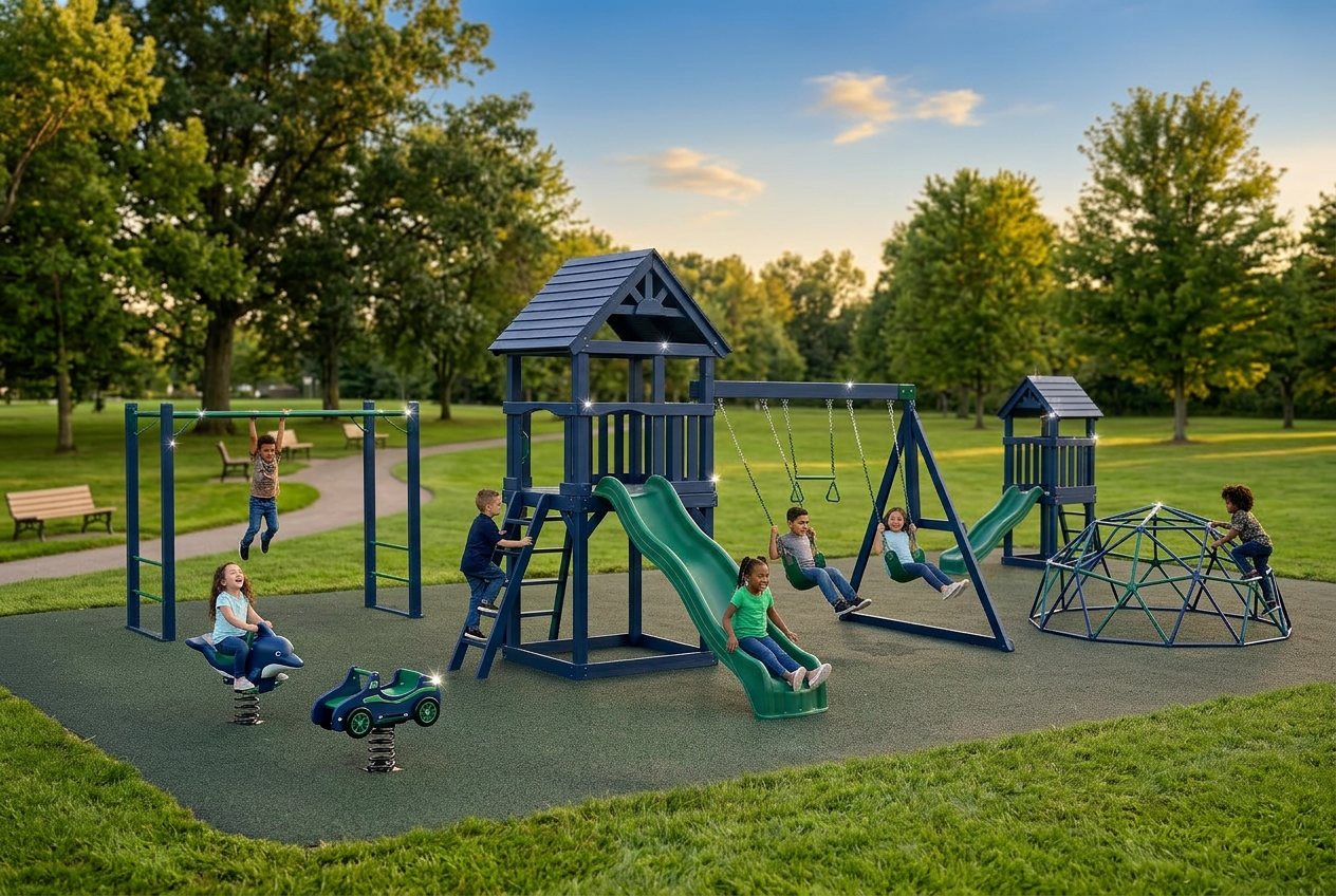 Freshly cleaned blue and green neighborhood playground in a Gwinnett County community