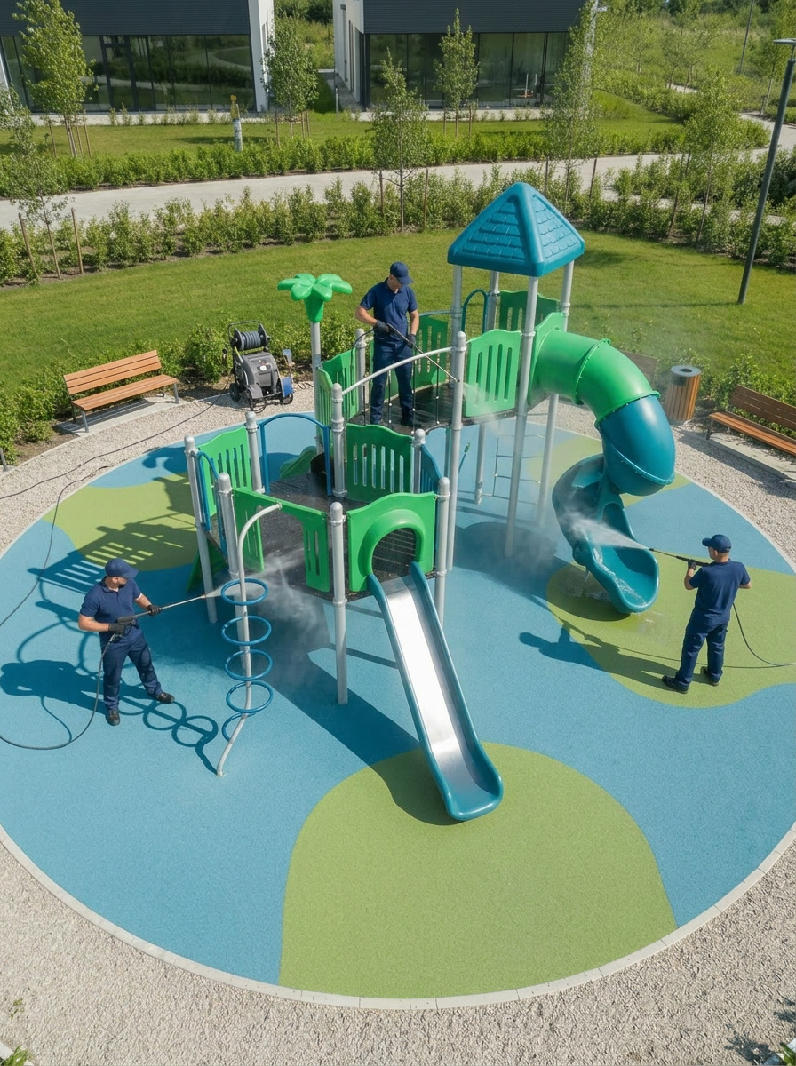 PlaySafe Sanitation technician carefully cleaning playground railings
